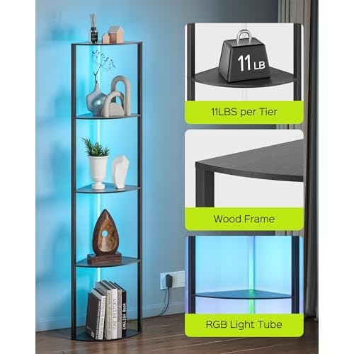 JACKYLED 5-Tier Corner Display Shelves, RGB Led Floor Lamp Corner Storage for Books Perfume Shelf with Light, Remote and App Control Music Sync Scheduled On/Off Tall Curio Cabinet