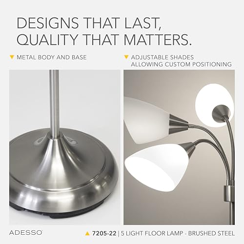 Adesso Floor Lamp with 5 Movable Shades & Adjustable Brightness ? Perfect Lighting for Bedroom Decor, Beauty & Art Studio, Silver