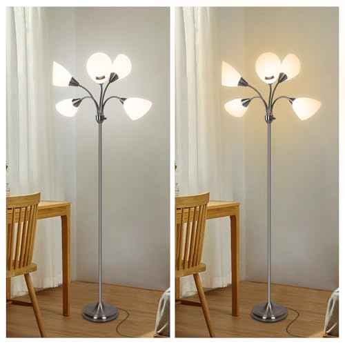 HonoDing Medusa Floor Lamps Standing Lamps 5 Heads Adjustable Reading Light Large Shade Use E26 A19 Bulb Floor Lamps for Living Room Bedroom (Satin Nickel)