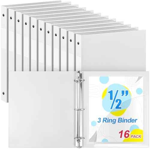 Henoyso 16 Pcs 3 Ring Binder 1/2'' Round Fits Letter Size 8. 5'' x 11'' Paper Plastic Flexible Binder Holds 100 Sheets with 1 Pockets Versatile Organizer for Office Home School (White)