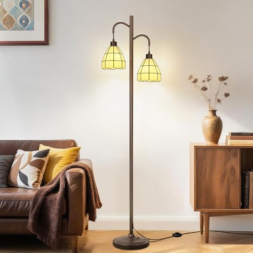 Tiffany Floor Lamp with Dual Stained Glass Shades, Vintage Style Mid Century Tall Standing Lamp, Modern Farmhouse Decorative Corner Rustic Tree Light for Living Room Bedroom Home Office(E26 Base)