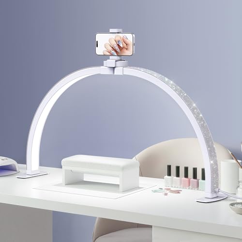 Half Moon Light for Nail Desk, Foldable Arch Nail lamp for Desk with Rhinestones,CRI¡Ã90 LED with Phone Holder, Shadowless Table Lamp Perfect for Manicure Handicraft Lighting,White