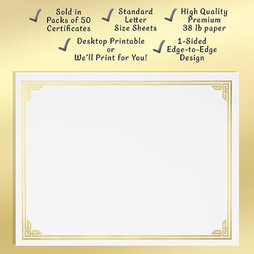 PaperDirect Gold on White Classic Specialty Certificates, 8¨ö x11, Foil Accents, 50 Count, Certificates And Awards Paper, For School, Work, Diplomas & Award Certificates