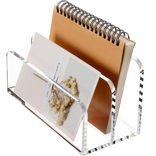 SANRUI Acrylic Mail Sorter Desktop Organizer Holder, 2 Compartments Clear Small File Script Letter Office Document Storage for Desk Bill Filling Envelope Holder Office, Home, School Desk Organization