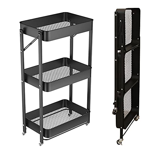 XIWODE 3 Tier Folding Metal Rolling Cart with Wheels,Black Mobile Organizer Service Cart for Kitchen Bathroom Office,No Assembly Need Trolley Shelf