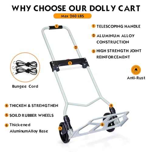 Folding Hand Truck Dolly Cart Portable Foldable Aluminum Luggage Cart Trolley Cart Black Load 260 lbs, with Black Bungee Cord, Telescoping Handle,Solid Aluminium Wheel suspensions, Double Bearings