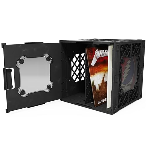 CrateVinyl - Vinyl Record Storage Crate Modular Storage Cube for LP Albums with Divider and 2 Clear Panels (Black crate - Smoke panels)