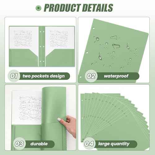 Yeaqee 100 Pcs Plastic Folders with Pockets Bulk 3 Hole Punched 2 Pocket File Folders for 3 Ring Binder Divider Folder for Notebooks, Durable Poly for Office Home (Sage Green)