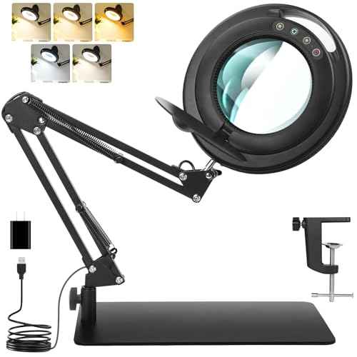 10X Magnifying Glass with Light and Stand, Head Button Control Magnifier Lamp with Dust Cover, 5 Color Modes Dimmable LED Lighted Magnifier with Clamp & Base for Painting Craft Close Work