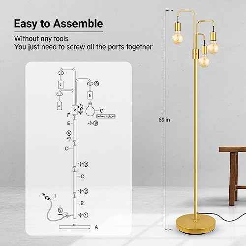 BoostArea Industrial Floor Lamp for Living Room,Gold Modern Standing Lamp Stand Up Lamp with 3 Light, Bulbs Not Included,Simple Design Floor Lamp for Bedroom, Living Room, Office, Kids Room, Reading
