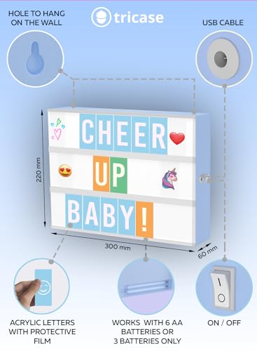 Blue Cinema Light Box with 312 Letters Emojis & Markers - LED Sign for Home & Girls' Bedroom Decor | Tricase