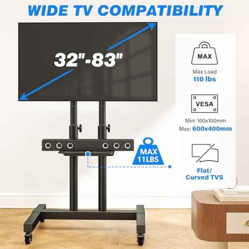 Rfiver Mobile TV Cart Rolling TV Stand for 32-83 Inch Screens up to 110lbs, Portable TV Stand on Wheels with Height Adjustable Shelf, Outdoor TV Stands Mount for Home Office MAX VESA 600x400mm, Black