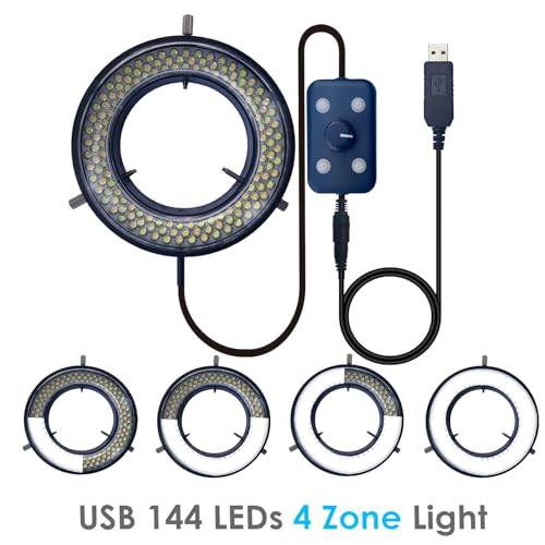 USB 144 LEDs 4 Zone Adjustable Microscope Ring Light Source for Lab & Camera