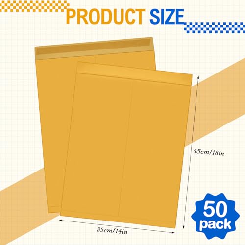 50 Pcs 14'' x 18'' Extra Large Mailing Envelopes 32lb with Gummed Flaps, Catalog Jumbo Craft Envelopes for Mailing, Storage and Organizing Documents Office Supplies(Yellow)