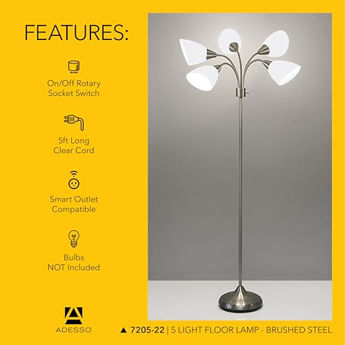 Adesso Floor Lamp with 5 Movable Shades & Adjustable Brightness ? Perfect Lighting for Bedroom Decor, Beauty & Art Studio, Silver