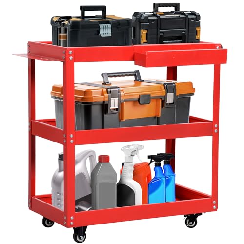 DWVO 3-Tier Rolling Tool Cart, 550lbs Capacity Utility Cart on Wheels, Durable Metal Construction with Screwdriver Board & Storage Box, Ideal for Garage, Warehouse Mechanic Work, Red