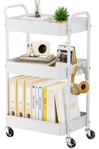 YASONIC White 3-Tier Metal Utility Cart with Wheels - Heavy-Duty Storage Organizer