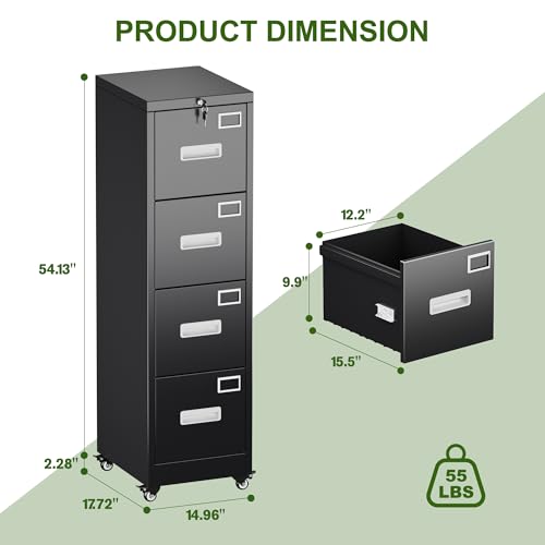 Aobabo Black 4-Drawer Metal File Cabinet with Lock & Wheels, Office Storage