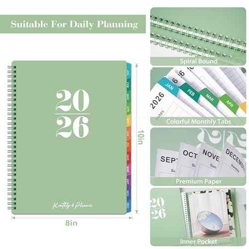 Monthly Planner 2026 - Monthly Planner/Calendar from JAN. 2026 - DEC. 2026, with Inner Pocket, Colorful Tabs, Twin-Wire Binding