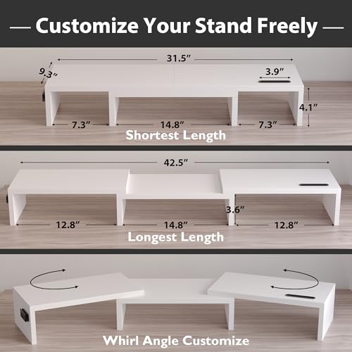BONTEC White Dual Monitor Stand Riser, Adjustable 42.5 In Length, Swivel & Storage