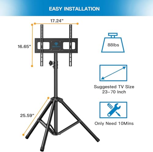 PERLESMITH 23-70 Inch TV Tripod Stand with ±20° Tilt & 360° Swivel, Height Adjustable 39.8-69.5 in, VESA 100x100–400x400mm, Holds Up to 88 lbs