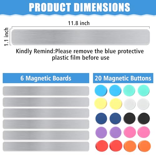 6Pcs Magnetic Strip, Metal Magnet Board with 20 pcs Colorful Magnet, Frameless Magnetic Strips with Adhesive Backing for DIY, Art Projects, whiteboards & Fridge
