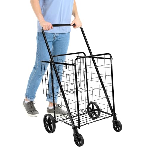 Large Foldable Utility Shopping Cart with 360° Swivel Wheels - Heavy Duty Metal, Extra Large Black