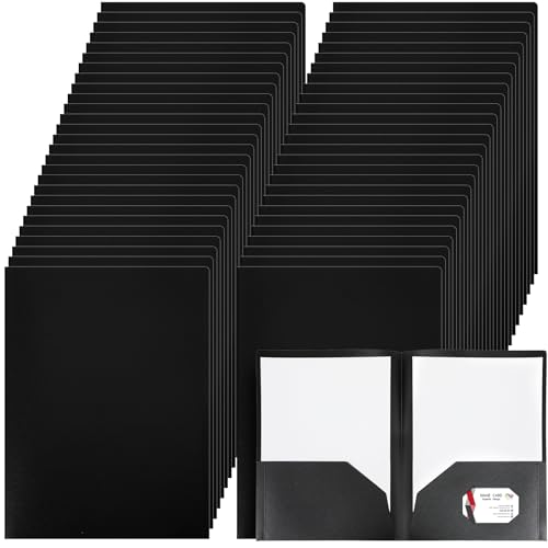 Patelai 50 Pack Plastic Folders with Pocket Bulk 2 Pocket Heavy Duty Letter Size Folders Business Card Holder for School Office File(Black Color)
