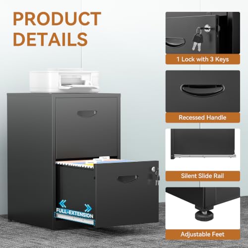 Polup Black 2-Drawer Lockable Metal File Cabinet for Home Office
