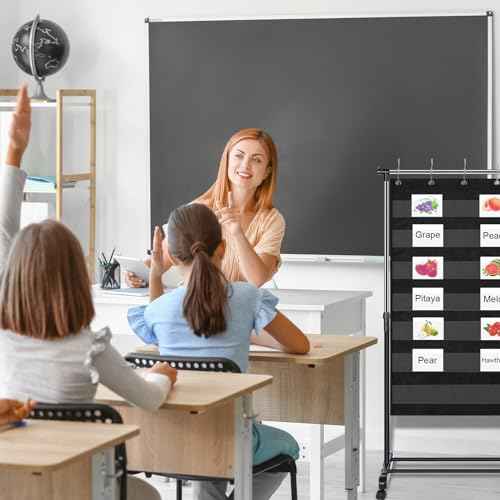 Adjustable Pocket Chart Stand Stainless Steel Expandable Chart Stand with Casters Rolling Anchor Holder with 5 Rings for Classroom Home Educational Tools, Adjustable to 63 Inch(Black)