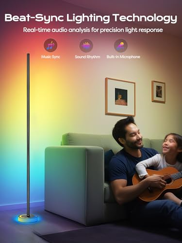 Black Smart RGBICW Floor Lamp with App Control, 16M Colors, Music Sync, Dimmable Ambient Light