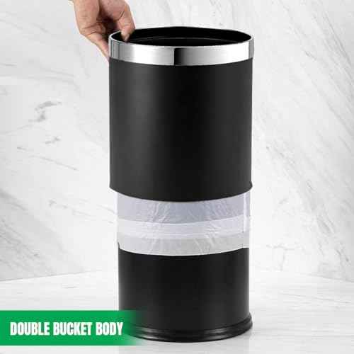 Invisi-Overlap' Metal Trash Can, Open Top Small Office Wastebasket, Round Shape (Black)
