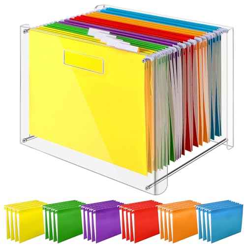 24 Hanging File Folder with Acrylic Organizer for Letter/a4 Size Desktop Clear File Storage Box with Handles for Home Work Office Use(Rainbow,Classic)