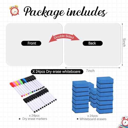 24 Sets Small Whiteboard Dry Erase Boards 5" x7'' Mini Double Sided Dry Erase Lap Boards with Markers Erasers Pen Holders Personal Whiteboards for Students Classroom Teacher