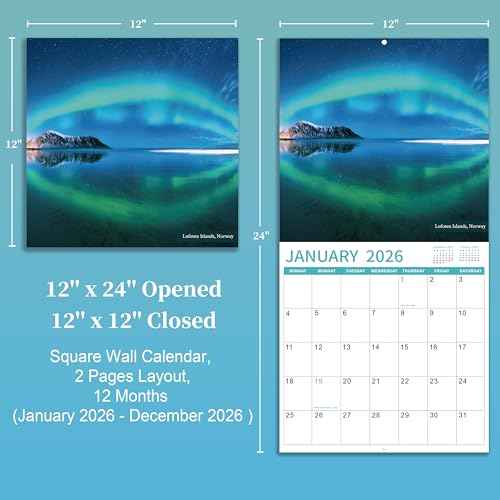 2026 Wall Calendar - Calendar 2026, Northern lights Calendar, January 2026 - December 2026, 12" x 24" (Open), 12 Months Wall Calendar 2026 with Hanging Holes, Large Blocks