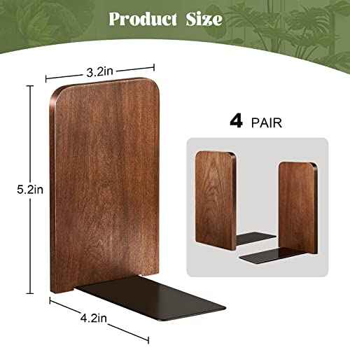 Eaasty 4 Pairs Wood Bookends, Heavy Duty Book Holders for Shelves, Walnut Bookends Sturdy Large Book Stoppers, Wood Desk Decor 5.2 x 3.2 x 4.2 Inches Office Books Stand Decorative Accessories