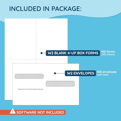 Blue Summit W2 Forms 2025 with Envelopes, Blank W2 4 UP Tax Forms 2025 4 Part, 100 Employee Perforated Paper, Compatible with QuickBooks Online, for E-Filing, Laser Inkjet, 100 Self Seal Envelopes