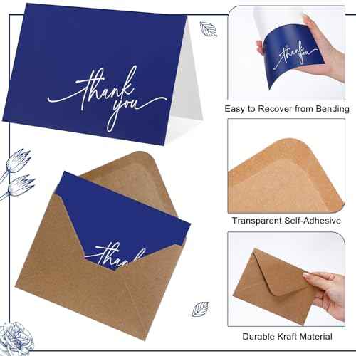 Gueevin 200 Pcs Thank You Cards with Kraft Envelopes and Stickers Bulk, 3.5 x 5 Inch Classy Blank Thank You Notes for Wedding, Business, Graduation, Baby Shower, Bridal Shower, Funeral(Navy Blue)