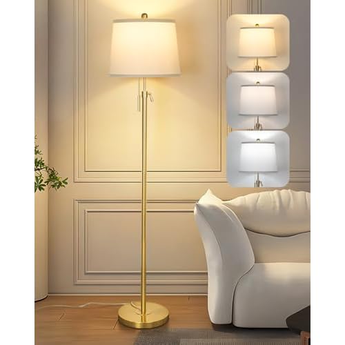 Gold Floor Lamp for Living Room, Tall Standing Lamp 55-65" Adjustable Modern Brass Floor Lamps for Bedroom Reading Office Kids 3 Color Lights Corner Night Stand (9W LED Bulb, White Shade)