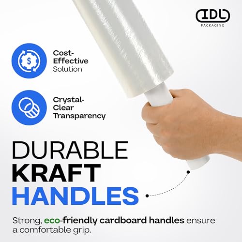IDL Packaging 20" x 1000' Hand Stretch Wrap Roll of 80 Gauge with Extended Cardboard Handles (1 Roll) - Extra Sticky Clear Plastic Wrap Film - Pallet Wrap Stretch Film for Packing, Shipping & Moving