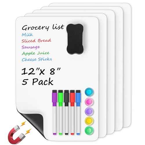 MaxGear 5 Pack Magnetic Whiteboard Sheets for Fridge, 12"x 8" Small Refrigerator Dry Erase Board for Kitchen Organizer and Planner, Smooth and Reusable, Includes 5 Markers, 5 Magnets and 1 Eraser
