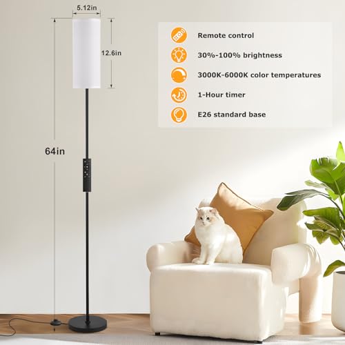 Ambimall 64-Inch White Modern Floor Lamp with Remote Control & Dimmable 9W Bulb