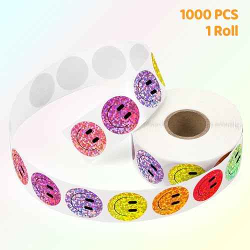 1000PCS Smiling Glitter Stickers, 1inch, 10 Colored Sparkly Foil Happy Stickers, Rewarding Student Behaviour, School Classroom Teacher