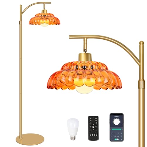 Glass Floor Lamp for Living Room, Standing Lamp with Remote, Dimmable Tall Lamps with Orange Glass Shape, Mid Century Modern Floor Lamps for Bedroom, 12W LED Bulb Included
