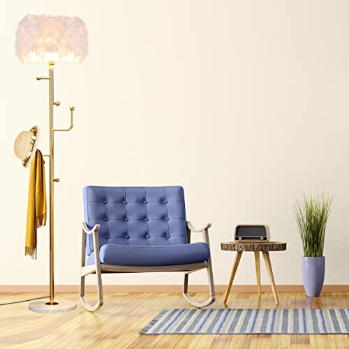 Feather Floor Lamp Standing Lamp with Coat Rack for Living Room,Modern Metal Hall Coat Tree with 5 Hooks,Pole Lamp Reading Floor Lamp for Bedroom and Living Room