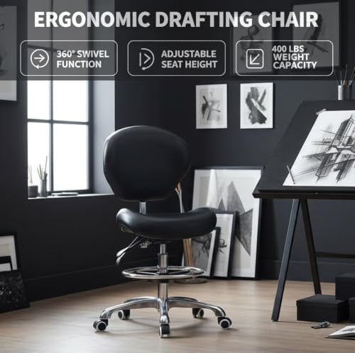Kaleurrier Adjustable Drafting Stool with Back Support & Foot Rest - Black