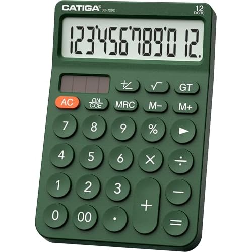 CATIGA 12 Digit Desktop Calculator Basic Desk Calculator with Large LCD Display, Big Buttons, 4 Function, Solar and Battery Dual Power, for Office, School, Home, SD-1292 Green