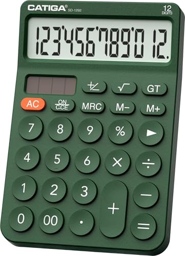 CATIGA Green 12 Digit Desktop Calculator with Large LCD & Big Buttons, Solar & Battery Power