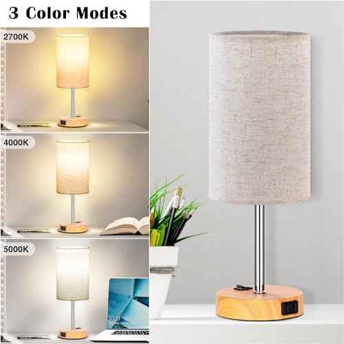 ZJOJO Table Lamp for Bedroom Set of 2, Bedside Small Lamps with 3 Way Dimmable Rocker Switch & AC Outlet, Nightstand Desk Lamp with Flaxen Fabric Shade Woodgrain Base for Living Room Home Decor Lights