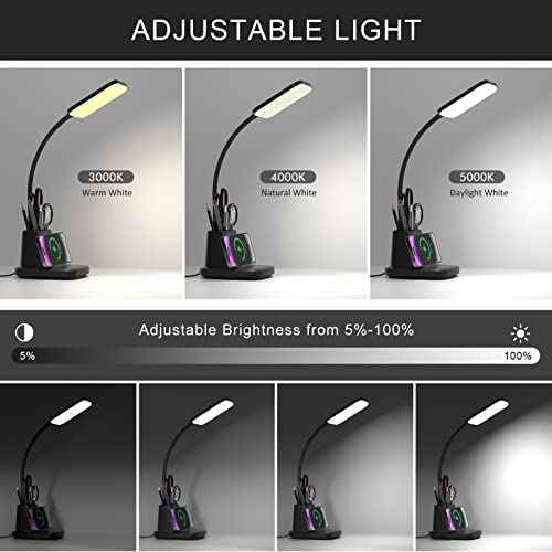 Desk Lamp for Home Office, LED Desk Lamp with Wireless Charger Pen Holder, Dimmable Desk Light with 3 Color Modes, Black Office Lamp for Dorm